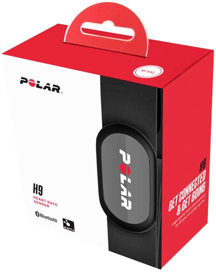 Paket Polar H9 senzora za otkucaje srca, prikazuje proizvod i informacije o Bluetooth povezivosti na crvenoj pozadini.