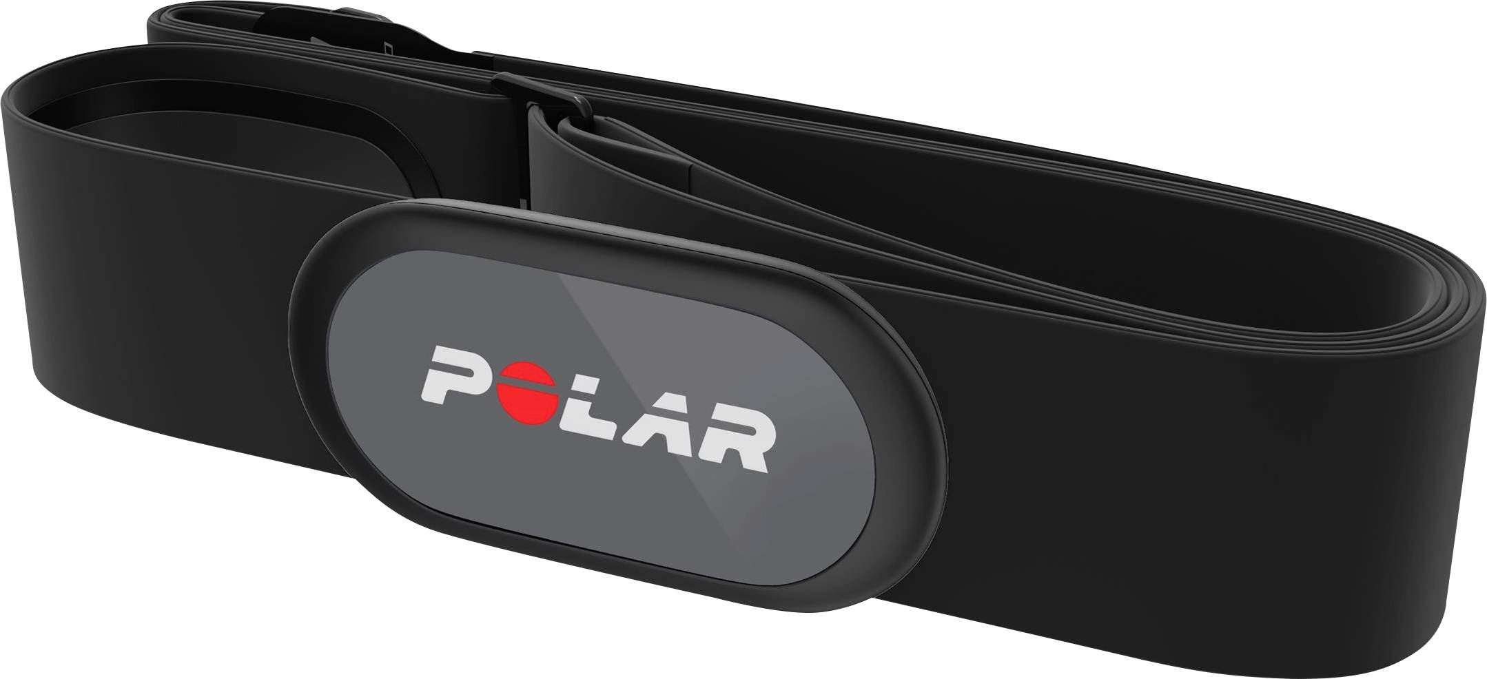Crni pojas za mjerenje srčane frekvencije s ovalnim, centralnim modulom. Na njemu je vidljiv logotip 'POLAR'. Koristi se za mjerenje srčane frekvencije.