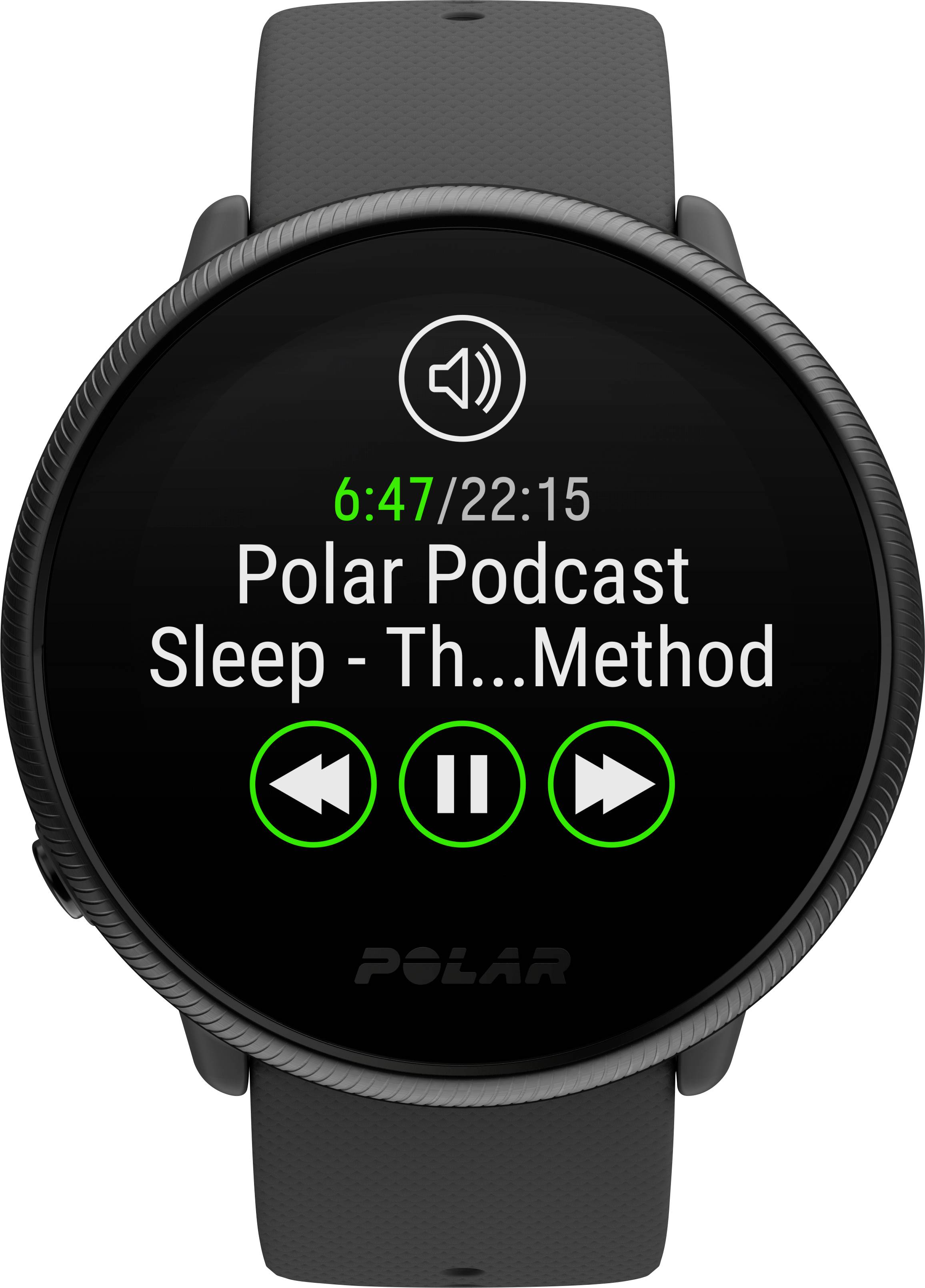 Pametni sat prikazuje 'Polar Podcast Spavanje - Th...Method', napredak je 6:47 od 22:15, s tipkama za reprodukciju/pauzu i navigaciju.
