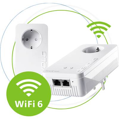 Bijeli WLAN adapter s natpisom 'devolo' i WiFi-6 logotipom, prikazuje dva Ethernet priključka, pored kojeg se nalazi razvodna električna letva.