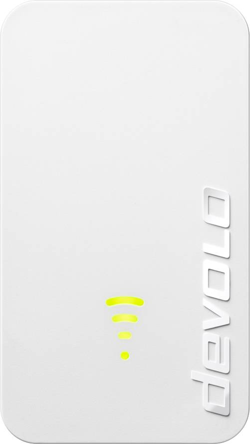 Bijeli WLAN-repeater marke 'devolo' s istaknutim žutim WLAN simbolom na prednjoj strani.