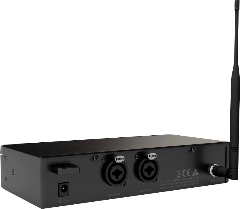 Crni bežični audio uređaj s dva audio izlaza i antenom na desnoj strani.