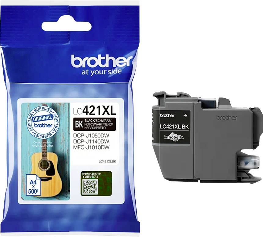Tinta za printer Brother LC421XL BK u crnoj boji. Pakiranje prikazuje akustičnu gitaru, kompatibilno s DCP i MFC modelima pisača.