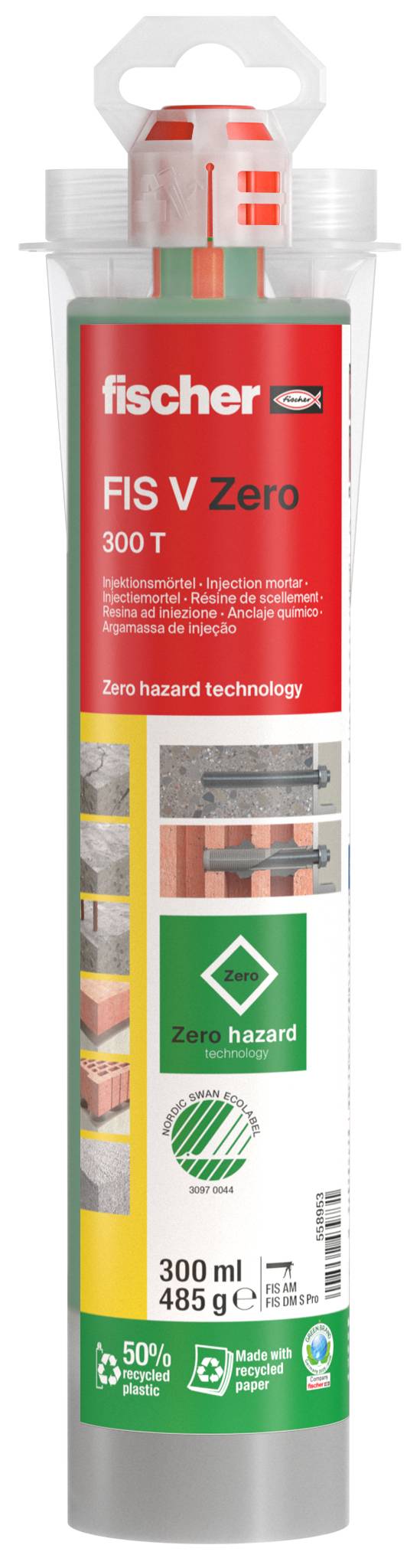Kartušna tuba Fischer FIS V Zero 300T, označena tehnologijom zero hazard, sa zelenom ikonom Zero hazard i kapacitetom od 300 ml/485 g.