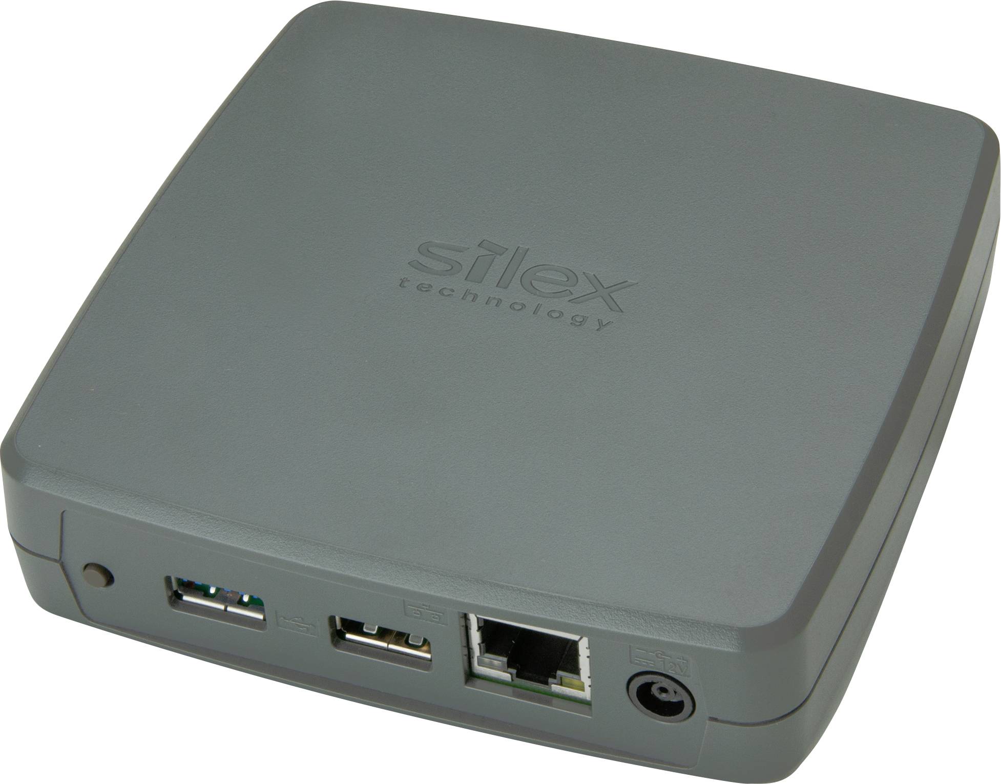 Sivi mrežni adapter s USB i Ethernet priključcima, natpisom 'Silex Technology' na vrhu.