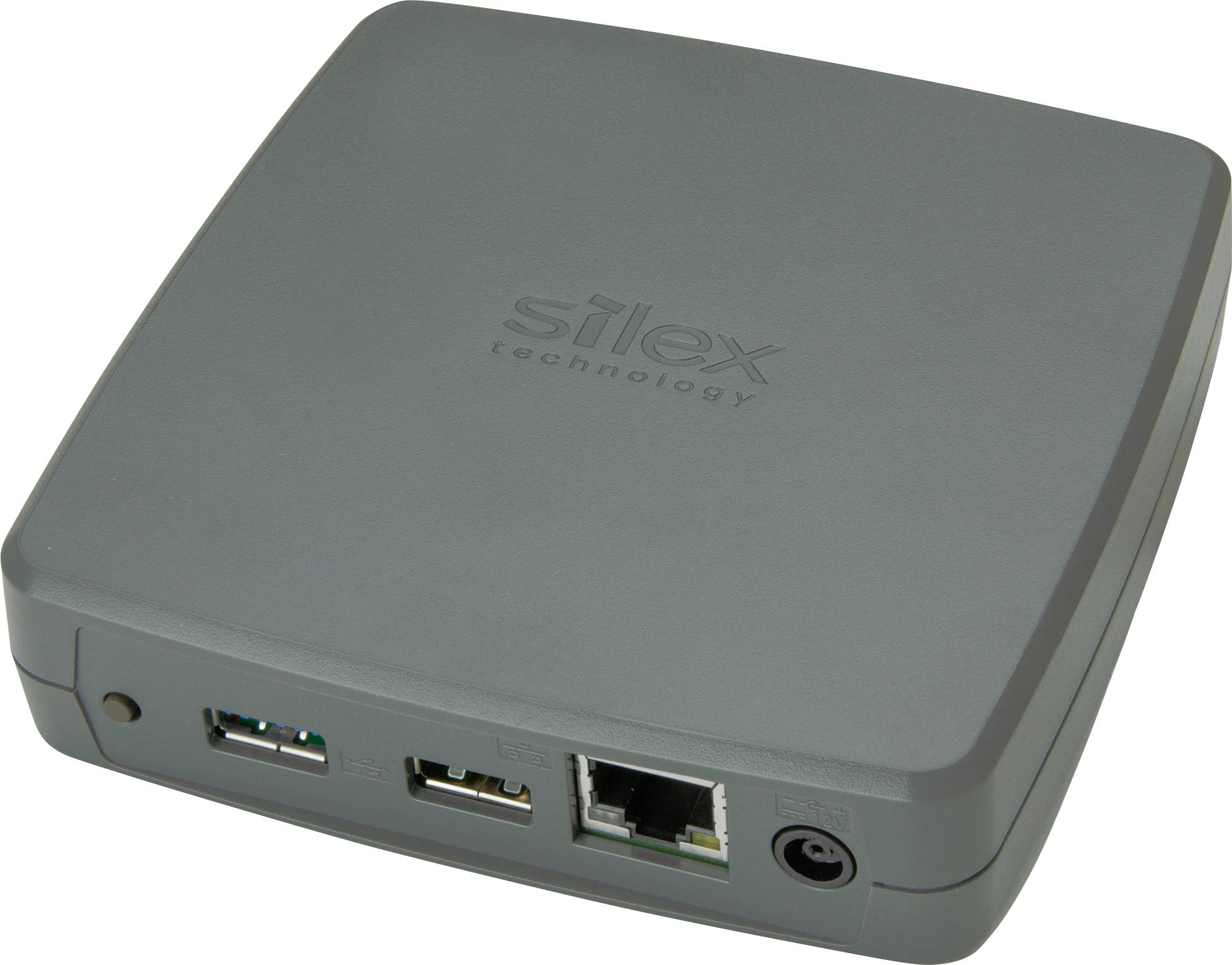Sivi mrežni adapter s natpisom 'silex technology', opremljen s dva USB priključka, jednim Ethernet priključkom i priključkom za napajanje.