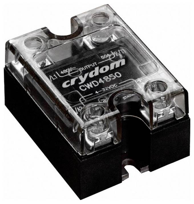 Crydom CWD4850 relej na čvrstoj bazi sa prozirnom kućištem, dizajniran za 480V AC izlaz, 50A struju, 4-32V DC ulaz.