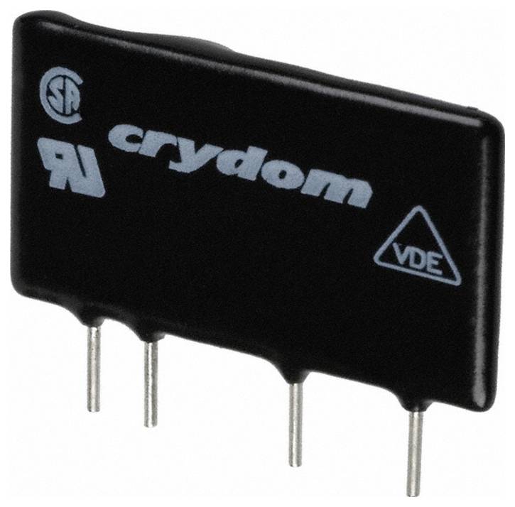 Crni Crydom čvrsti state relej s četiri metalne igle, koji ima certifikacijske logotipe i tekst 'crydom' i 'VDE' na svojoj površini.