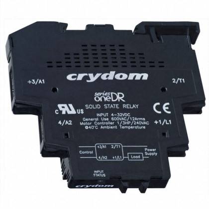 Čvrsti državni relej 'Crydom', serija modela oneDR, sa specifikacijama: Ulaz 4-32VDC, opterećenje 6600A/24Vms, upravljanje motorom 1/3KS/240VAC.