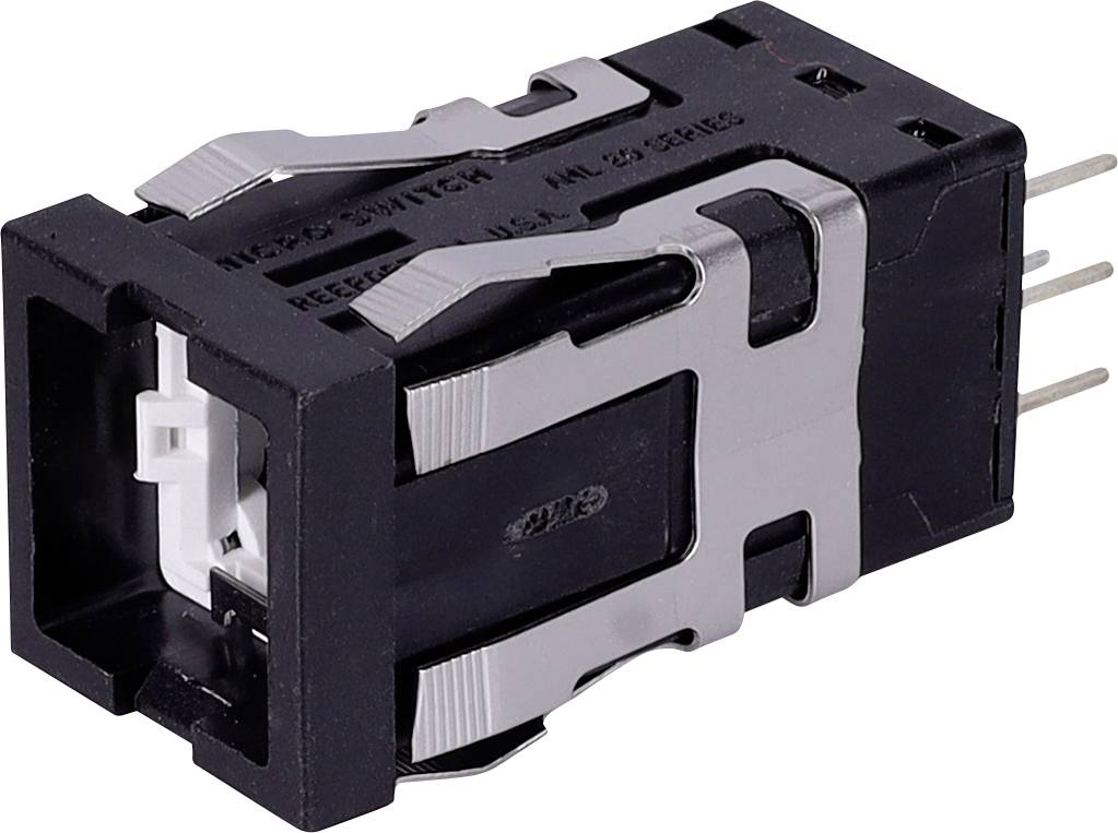 Crni i metalni pravokutni prekidač s konektorima, dizajniran za elektroničke uređaje. Naljepnica sadrži natpis 'MICRO-SWITCH ML 29' i 'JOHNSON USA'.
