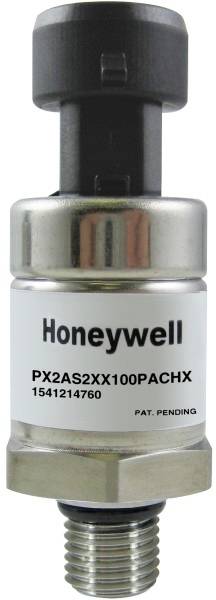 Senzor tlaka s oznakom 'Honeywell PX2AS2XX100PACHX'. Kućište od srebrenog metala, crni gornji dio, navoj na donjem kraju.