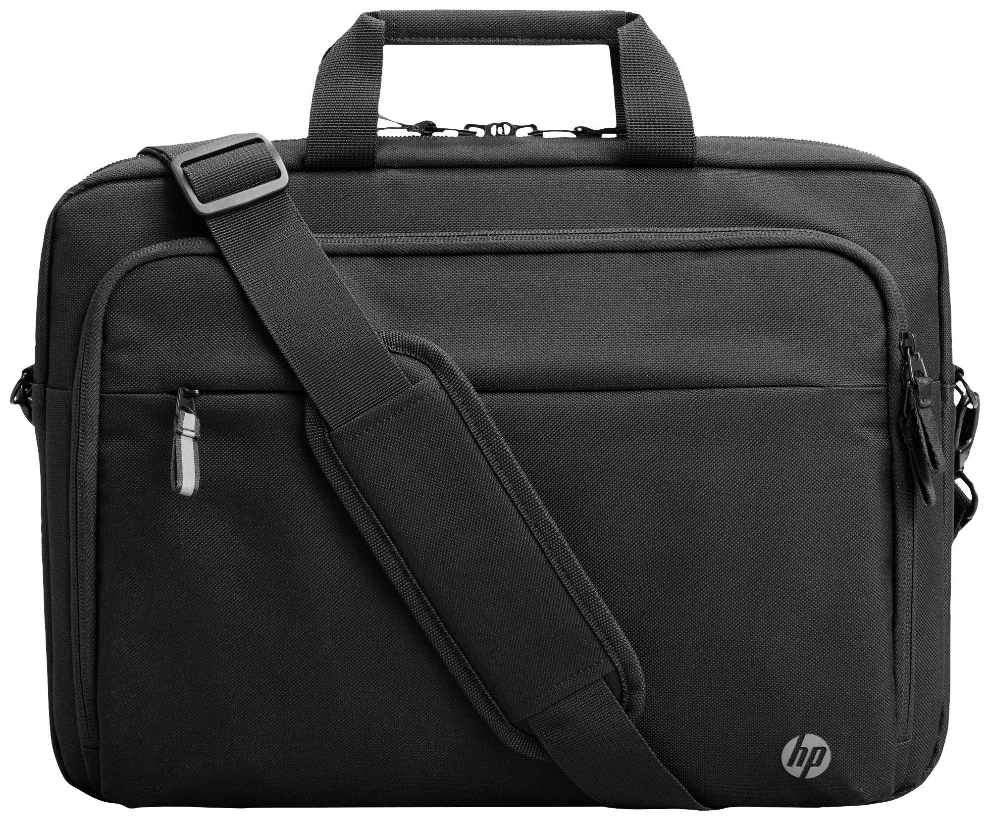 Crna HP torba za laptop s džepovima na patent-zatvarač i remenom za nošenje, pogodna za siguran prijevoz laptopa i pripadajuće opreme.