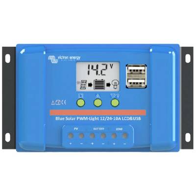 Solarni regulator punjenja s LED indikatorom prikazuje '14.2V', dva USB porta i tipke. Oznaka: 'Blue Solar PWM-Light 12/24-10A LCD&USB'.