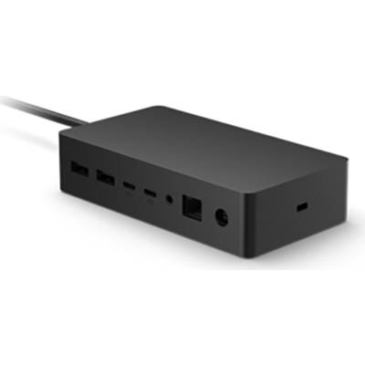 Crna stanica za priključivanje s više priključaka, uključujući USB-A, USB-C, Ethernet i audio priključke.