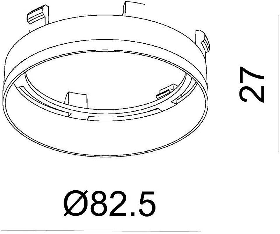 Tehnički nacrt okruglog objekta promjera 82,5 mm i visine 27 mm, s istaknutim kopčama.