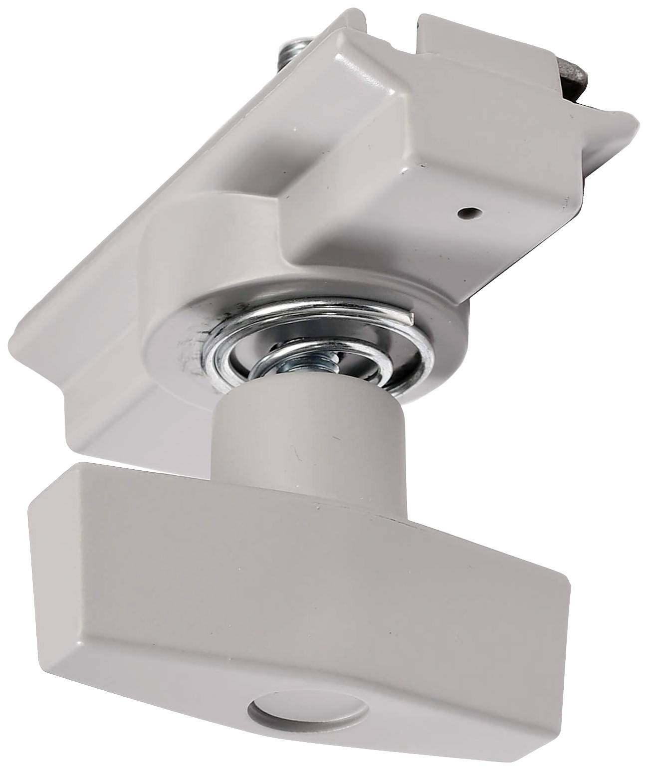 Sivo-bijeli spojni element namještaja sa šarafom, prikazuje detalj mehanizma sa strane.