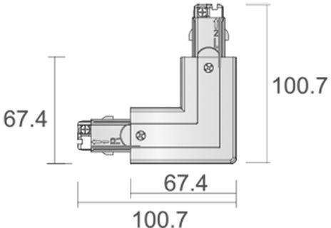 Tehnički nacrt L-oblikog spoja. Dimenzije: 67,4 mm vertikalno i horizontalno, 100,7 mm po visini i širini.