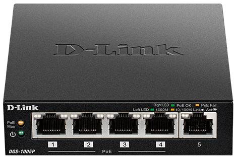 D-Link 5-portni gigabitni PoE switch s LED indikatorima za status i povezivost, pogodan za upravljanje mrežom u malim uredima.