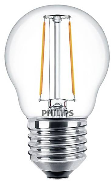 LED žarulja sa prozirnim staklenim kućištem i vidljivim filamentom. Naziv marke 'Philips' na metalnoj bazi. Energetski učinkovita.