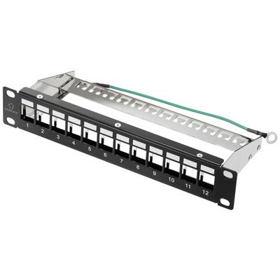 Patch panel s dvanaest numeriranih Ethernet portova, pogodan za mrežno ožičenje u serverskoj sobi ili mrežnoj ormari.