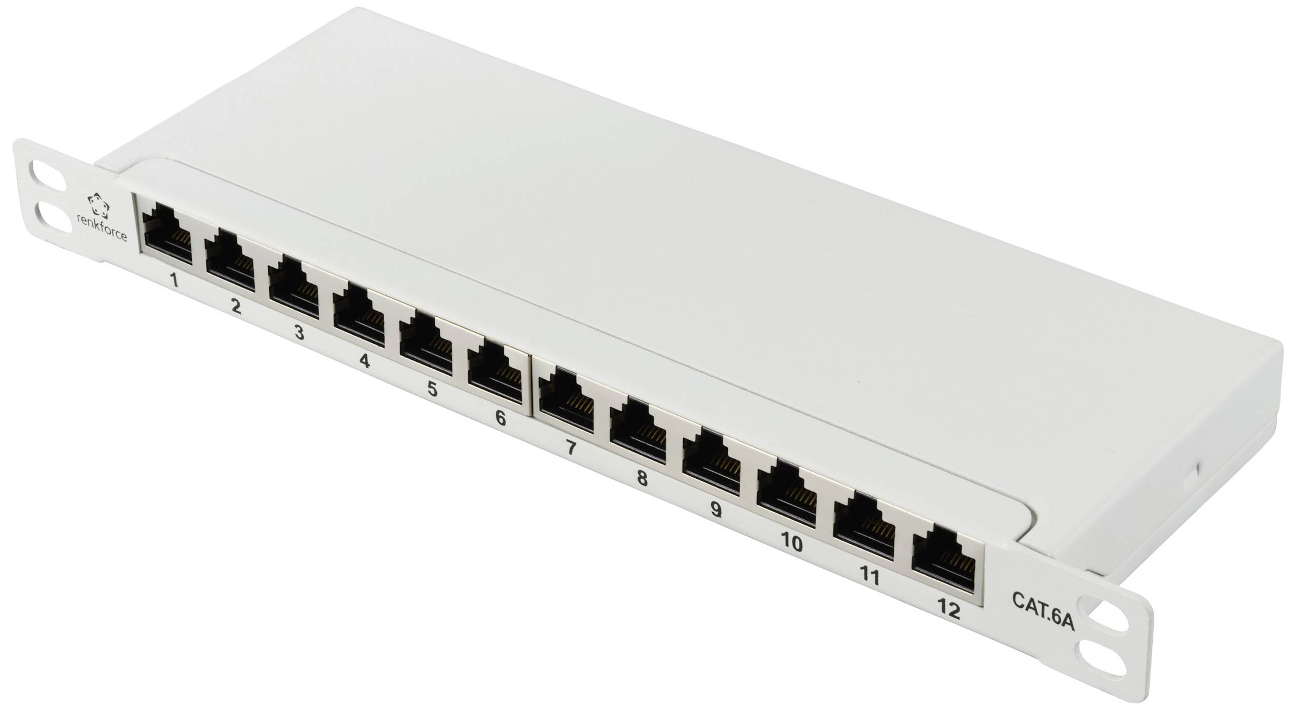 Patch panel s 12 RJ45 priključaka, numeriranih od 1 do 12, za CAT6A mrežne kablovske spojeve.