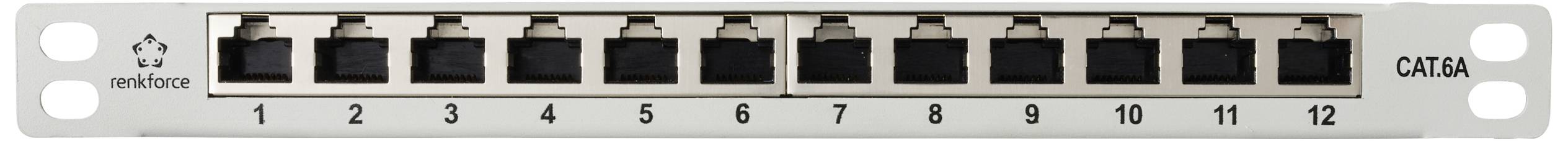 Patch panel s 12 numeriranih RJ45 priključaka, pogodan za mrežno ožičenje u IT okruženjima.