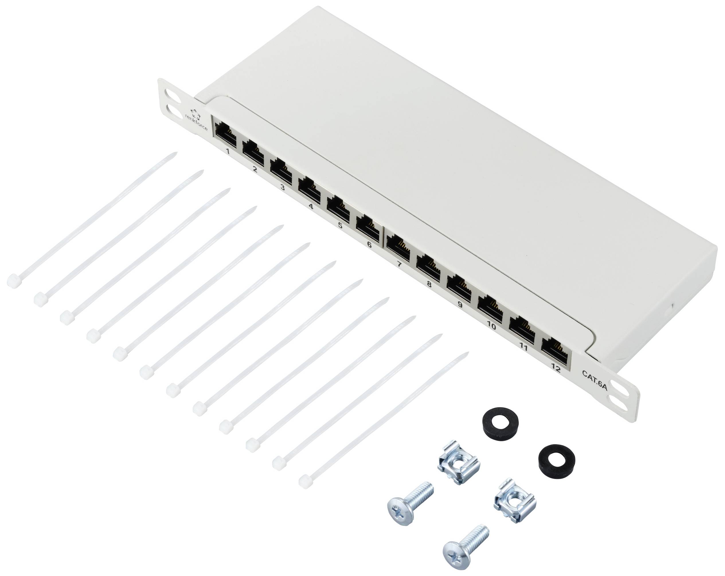 Patch panel s osam Ethernet priključaka, kabelskim vezicama, vijcima i podložnim pločicama za učvršćivanje u mrežni ormar.