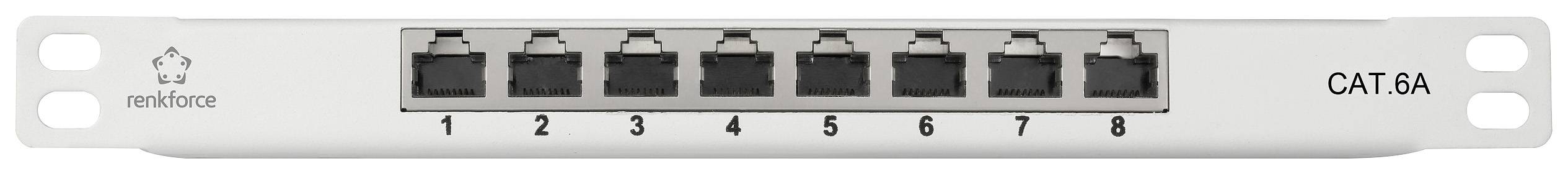 Mrežni patch panel s 8 Ethernet porta, numeriranih od 1 do 8, pogodan za CAT 8A kabelsku infrastrukturu; koristi se za organizaciju mrežnih kabela.