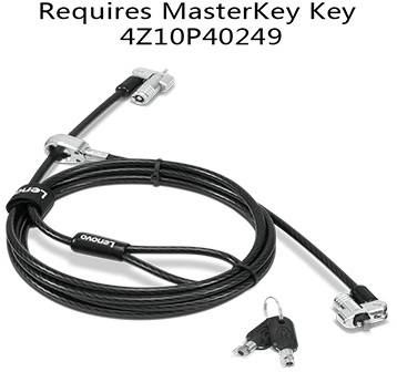 Lenovo sigurnosna brava za kabel s dva ključa. Tekst iznad glasi: 'Zahtijeva MasterKey ključ 4Z10P40249'.