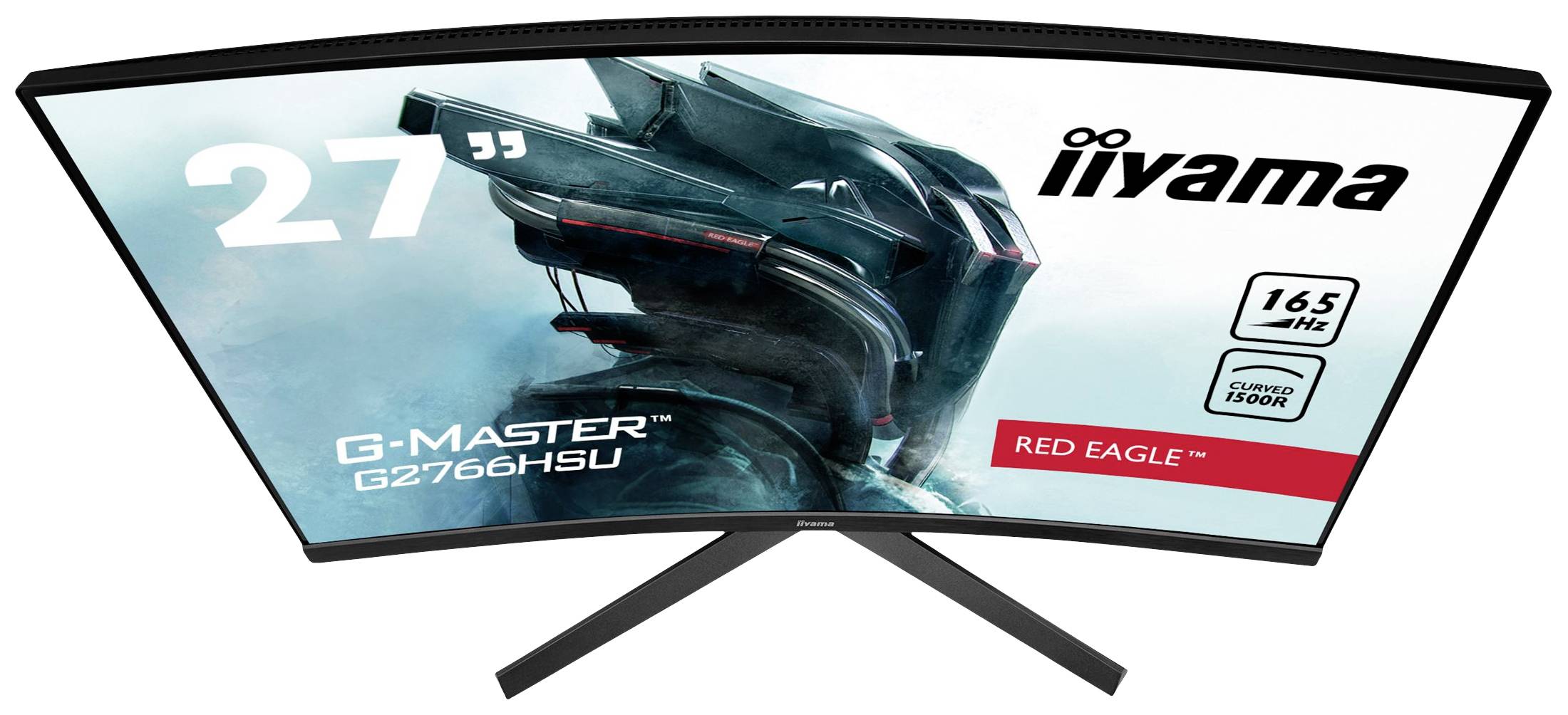 Zakrivljeni računalni zaslon tvrtke iiyama prikazuje futurističku sliku robota. Model: G-Master G2766HSU, 27 inča, 165 Hz.