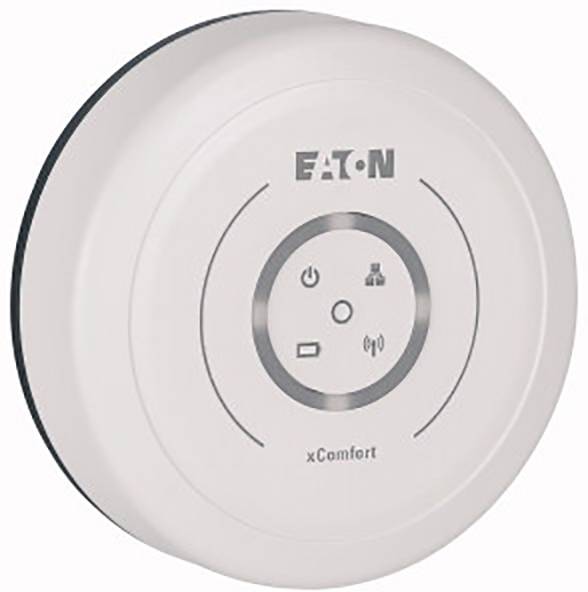 Okrugli, bijeli Smart-Home-prekidač tvrtke Eaton xComfort, s simbolima za struju, mrežu i upravljanje glasnoćom na prednjoj strani.