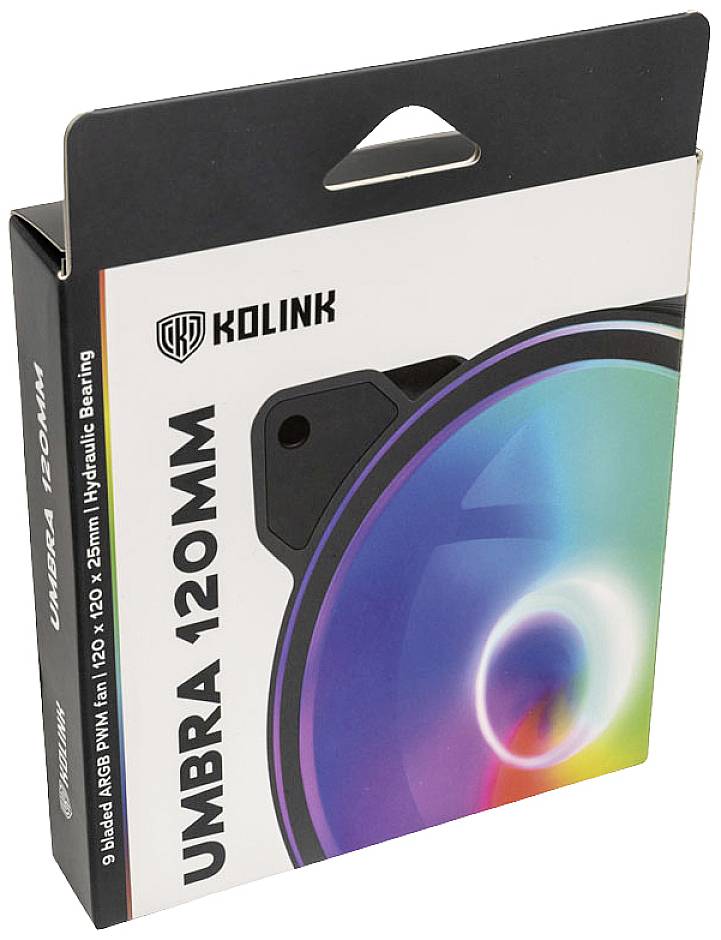 Kolink Umbra 120 mm ARGB PWM ventilator - ambalaža, prikazuje dizajn proizvoda s Rainbow efektom i hidrauličkim ležajem.