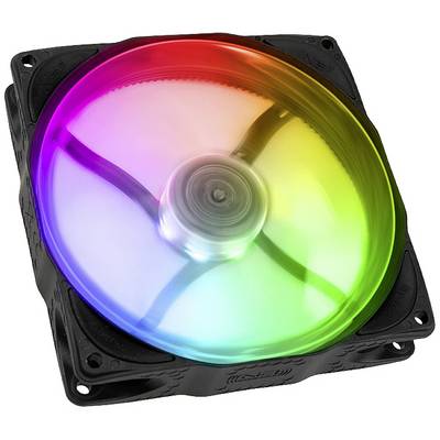 Svijetleći računalni ventilator u bojama duge, kvadratnog oblika, prozirnog dizajna, vidljivi rotor.