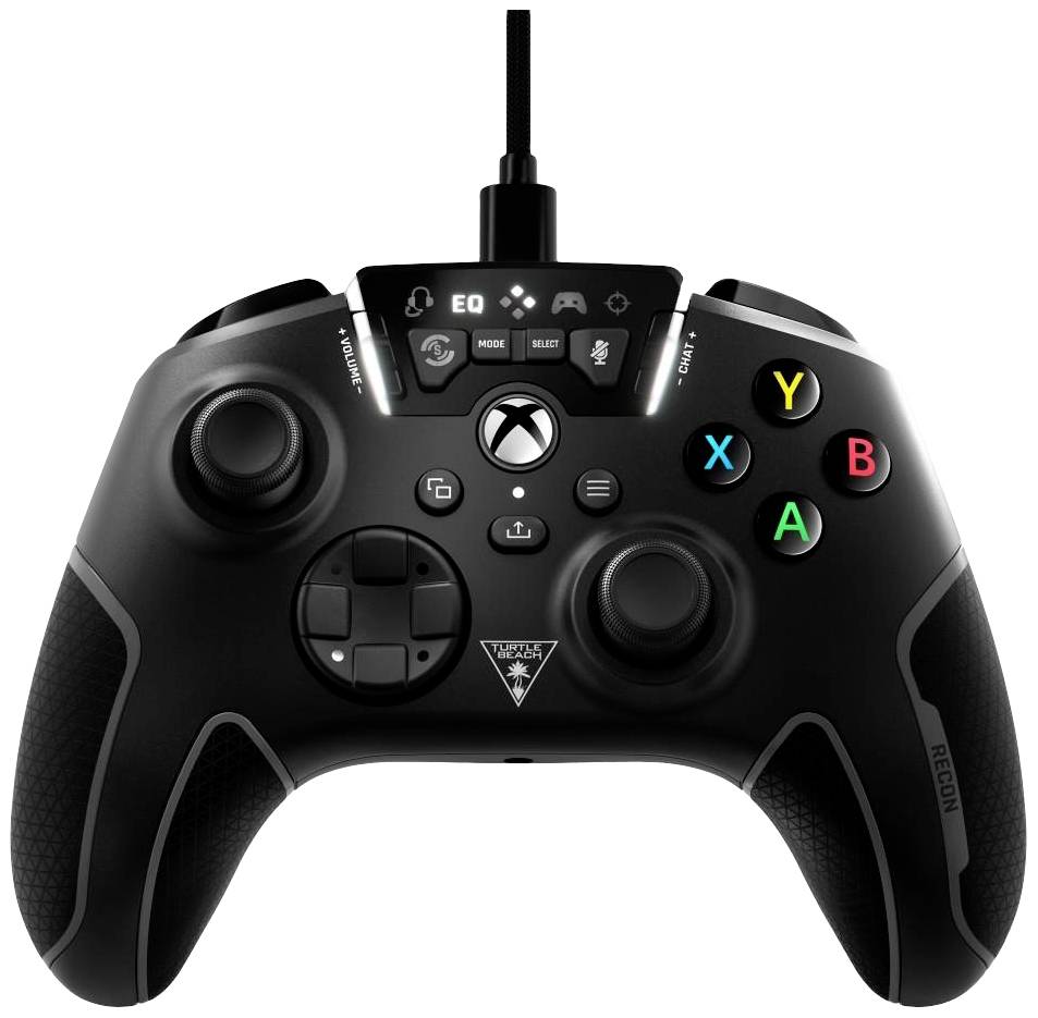 Crni gaming kontroler s kabelom, prikazani gumbi i D-pad, šareni tipkama označeni slovima 'A', 'B', 'X', 'Y'.