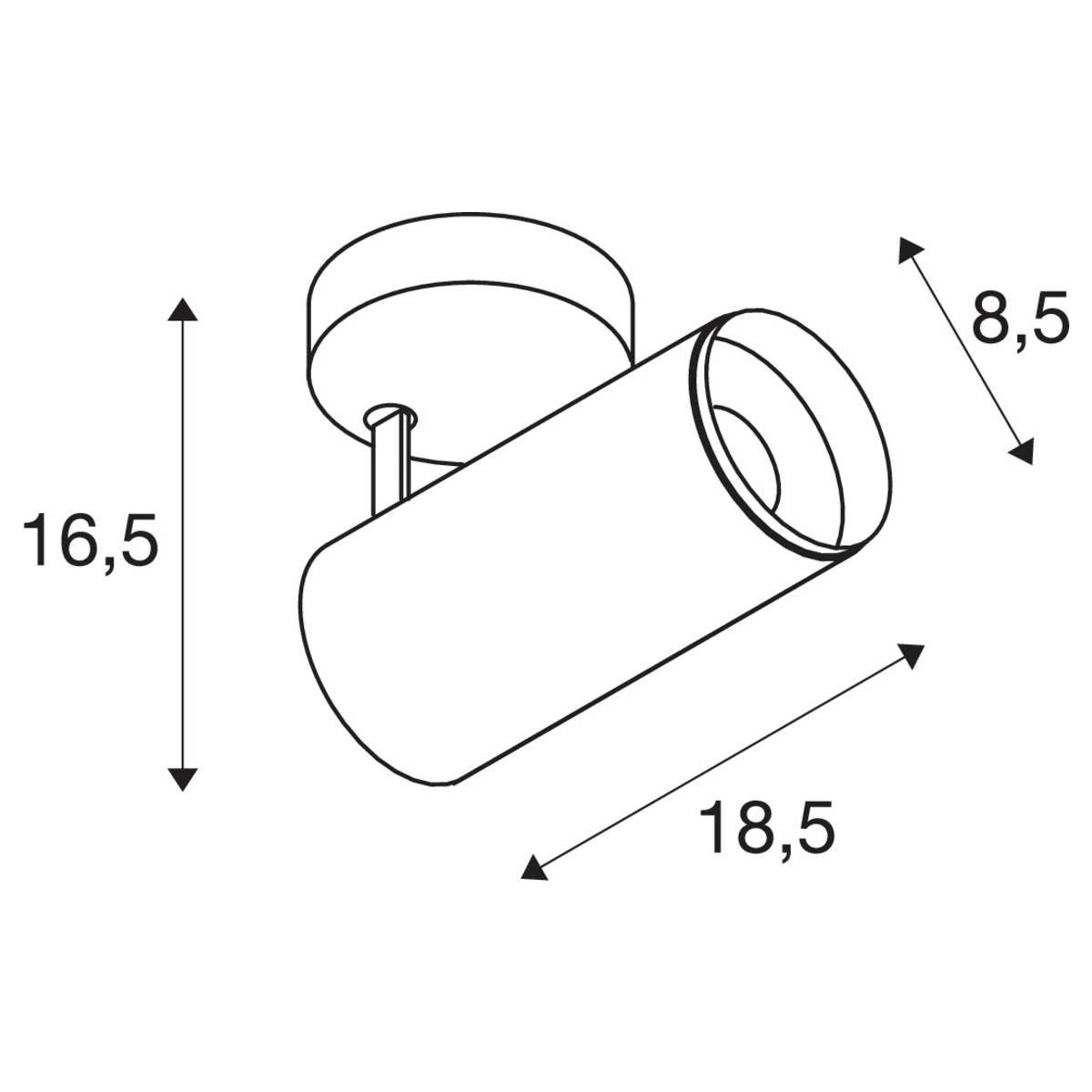 Skica cilindrične stropne lampe s dimenzijama: visina 16,5 cm, dubina 18,5 cm, širina 8,5 cm.
