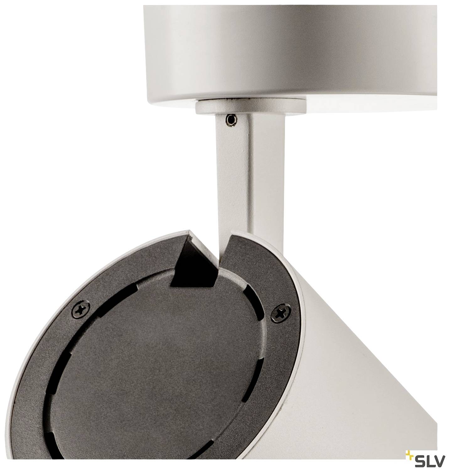 Rotirajuća srebrna stropna lampa modernog dizajna, cilindrični sjenilo i crni detalji. Logotip marke u kutu.