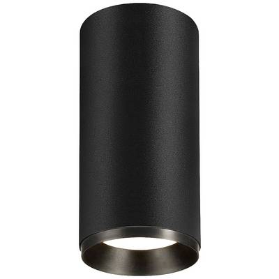 Crna, cilindrična stropna lampa s usmjerenim svjetlosnim snopom prema dolje.
