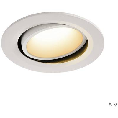 Okrugla, bijela stropna lampa s toplim, žutim svjetlom. Može se okretati i ugrađena je u bijeli strop.