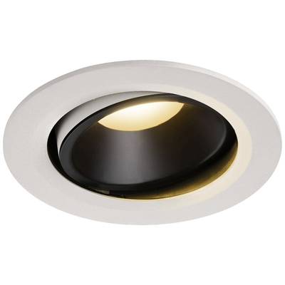 Okrugla, crna ugradbena lampa s bijelim rubom. Lampa je upaljena i odašilja toplo bijelo svjetlo.