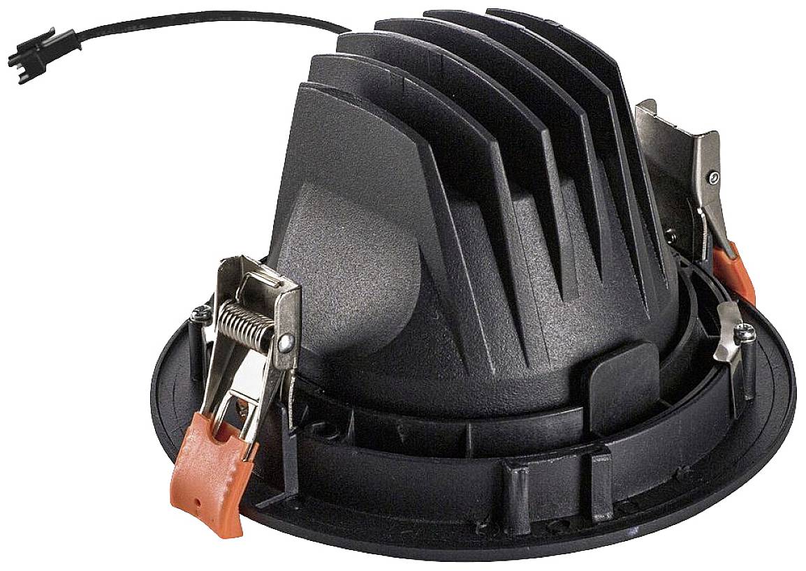 Crni LED ugradbeni reflektor s rashladnim rebrima i narančastim elementima za učvršćivanje, vidljiv kabelski priključak.