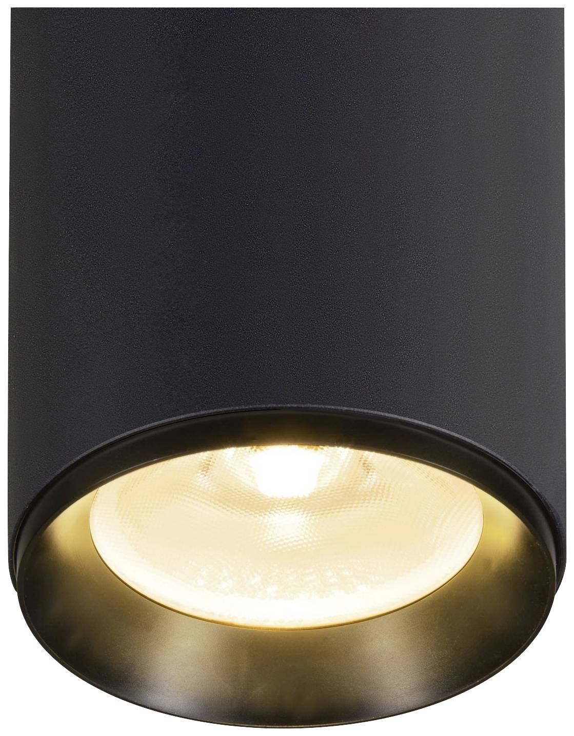 Crna stropna lampa s vidljivom žaruljom unutar koje se nalazi, koja emitira toplo svjetlo. Idealna za moderne unutarnje prostore.