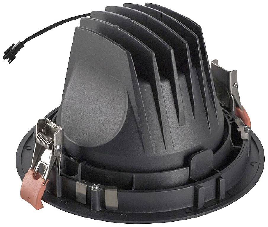 Crni LED ugradni okvir za downlight s dizajnom sličnom hladnjačkim rebrima, metalnim kopčama i kabelom.