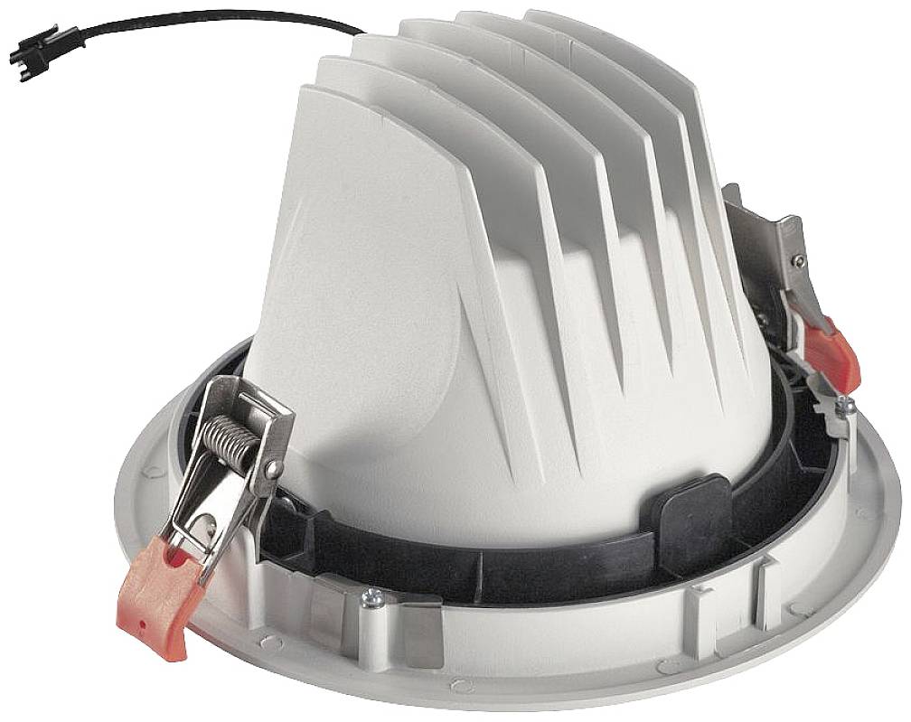 Cilindrični LED stropni ugradbeni reflektor s rebrastim hlađenjem i sigurnosnim kopčama za ugradnju. Dizajniran za unutarnju rasvjetu.