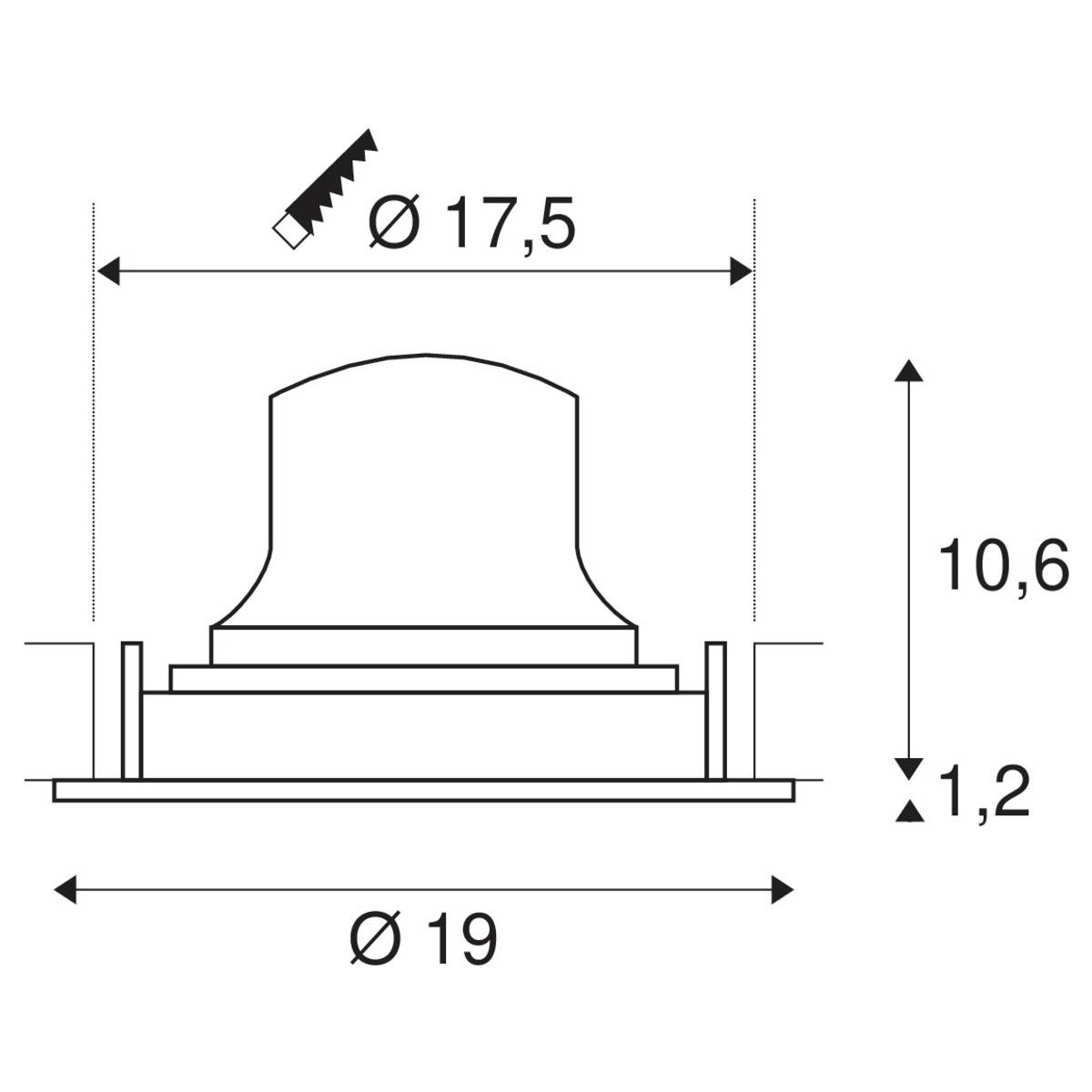 Tehnički nacrt cilindričnog objekta s dimenzijama promjera: gore 17,5 mm, dolje 19 mm, visina 10,6 mm, baza 1,2 mm.