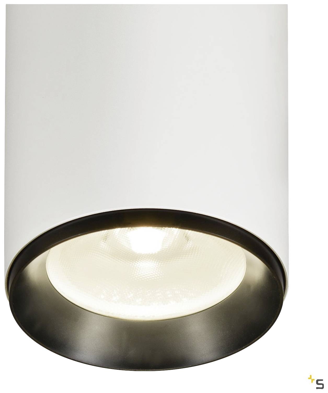 Cilindrična stropna lampa modernog dizajna s crnim rubom i svjetlim osvjetljenjem.