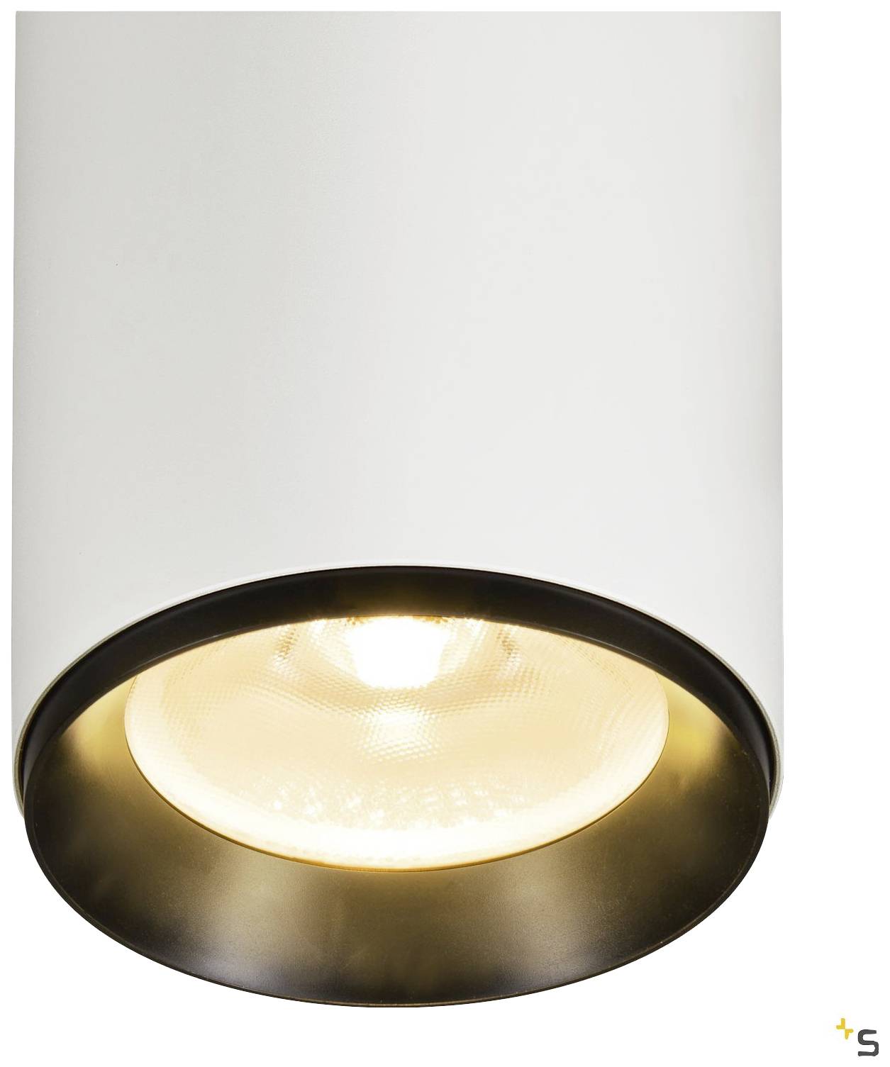 Okrugla, cilindričnog oblika stropna lampa s toplim, sjajnim osvjetljenjem. Vanjska površina je bijela, a unutarnja tamna.