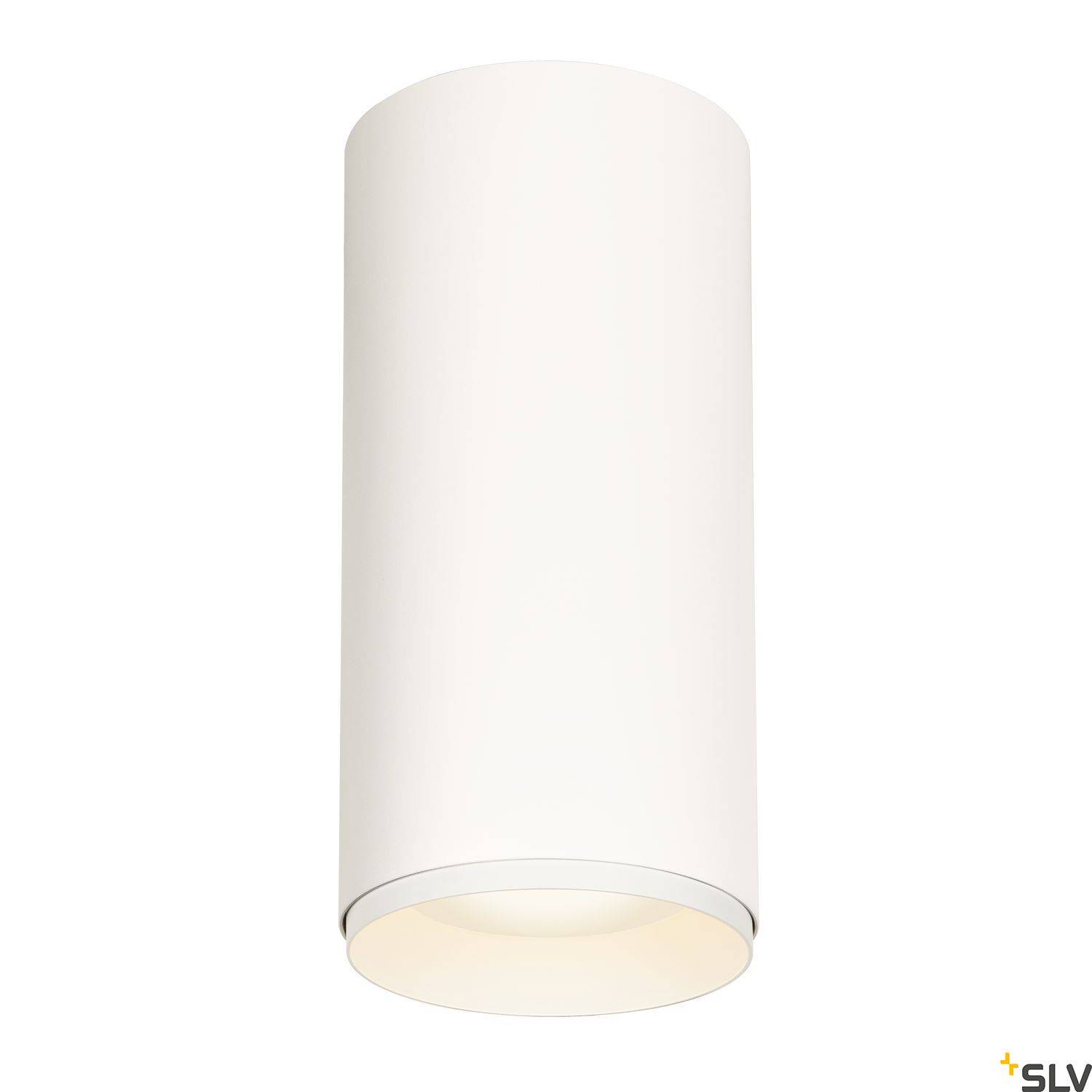 Cilindrična, bijela stropna lampa zaobljenog vrha, idealna za moderan unutarnji dizajn.