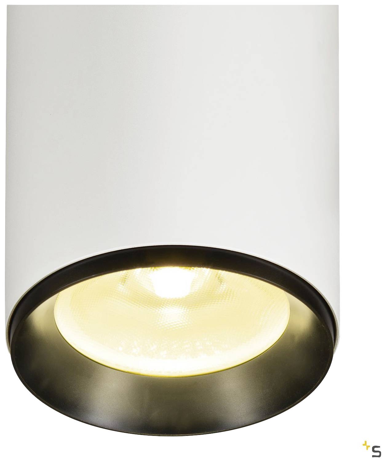 Bijela, cilindrična stropna lampa s crnim rubom, pruža fokusirano, toplo bijelo svjetlo. Idealna za moderne unutarnje prostore.
