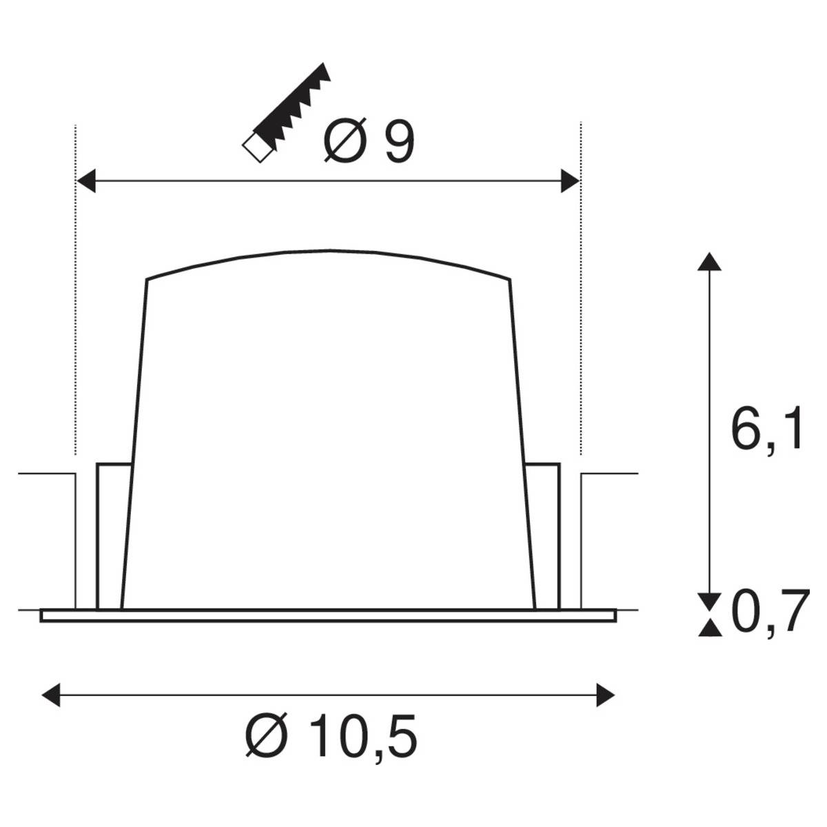 Tehnički nacrt cilindričnog objekta. Promjer gore 9 mm, dolje 10,5 mm. Visina 6,1 mm, s bazom od 0,7 mm.