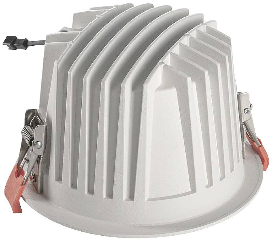 Okrugla, bijela LED ugradbena svjetiljka s ventilacijskim rebrima i bočnim nosačima, pogodna za montažu na strop za osvjetljenje unutarnjih prostora.